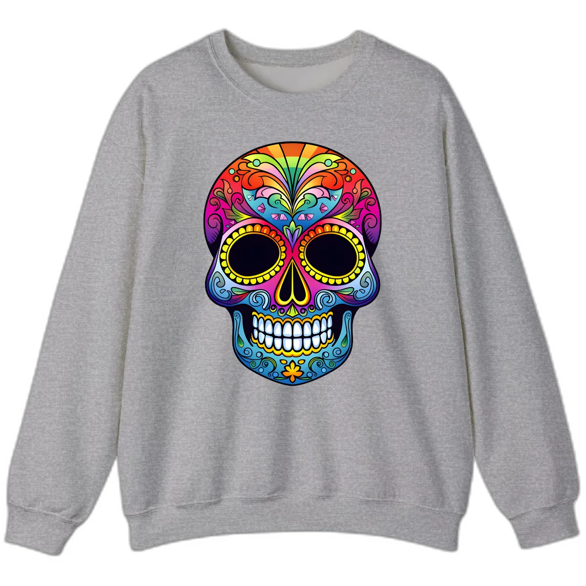 Vibrant Floral Rainbow Calavera Skull Art Sweatshirt in Sport Grey