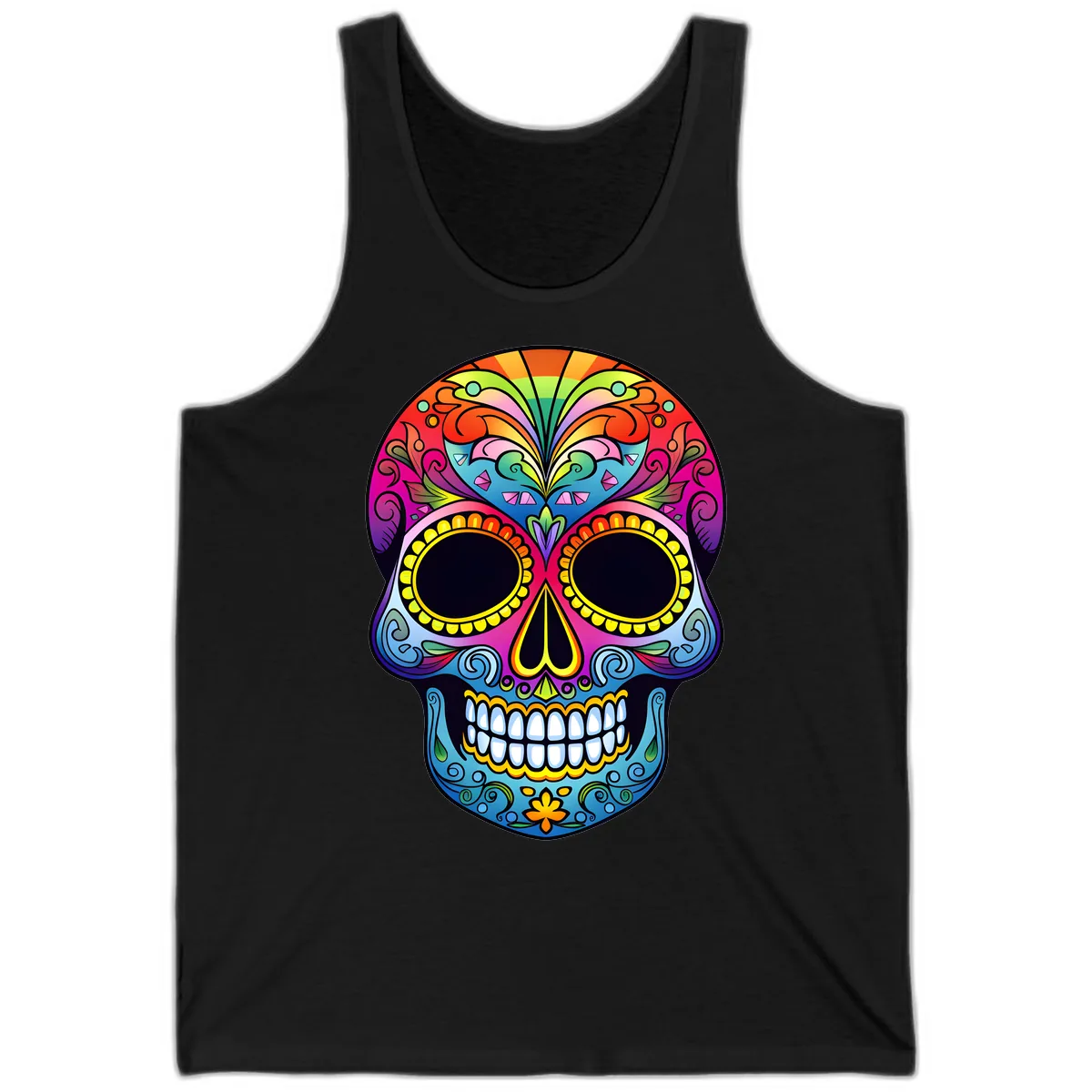 Vibrant Floral Rainbow Calavera Skull Art Tank in Black