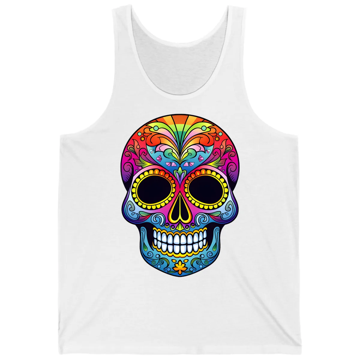 Vibrant Floral Rainbow Calavera Skull Art Tank in White