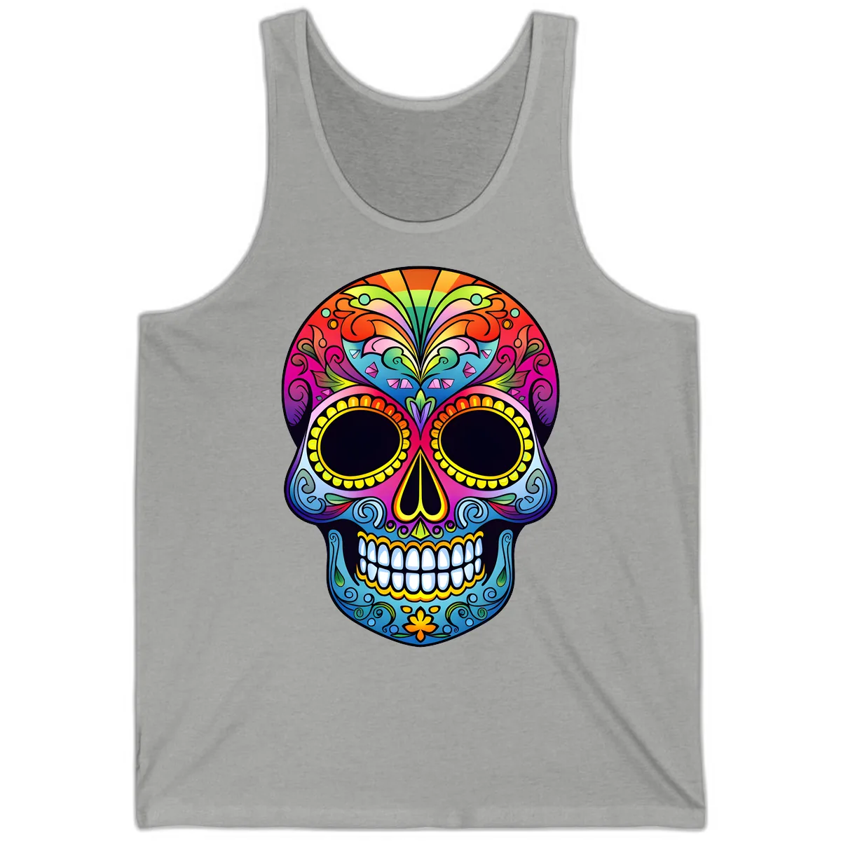 Vibrant Floral Rainbow Calavera Skull Art Tank in Athletic Heather