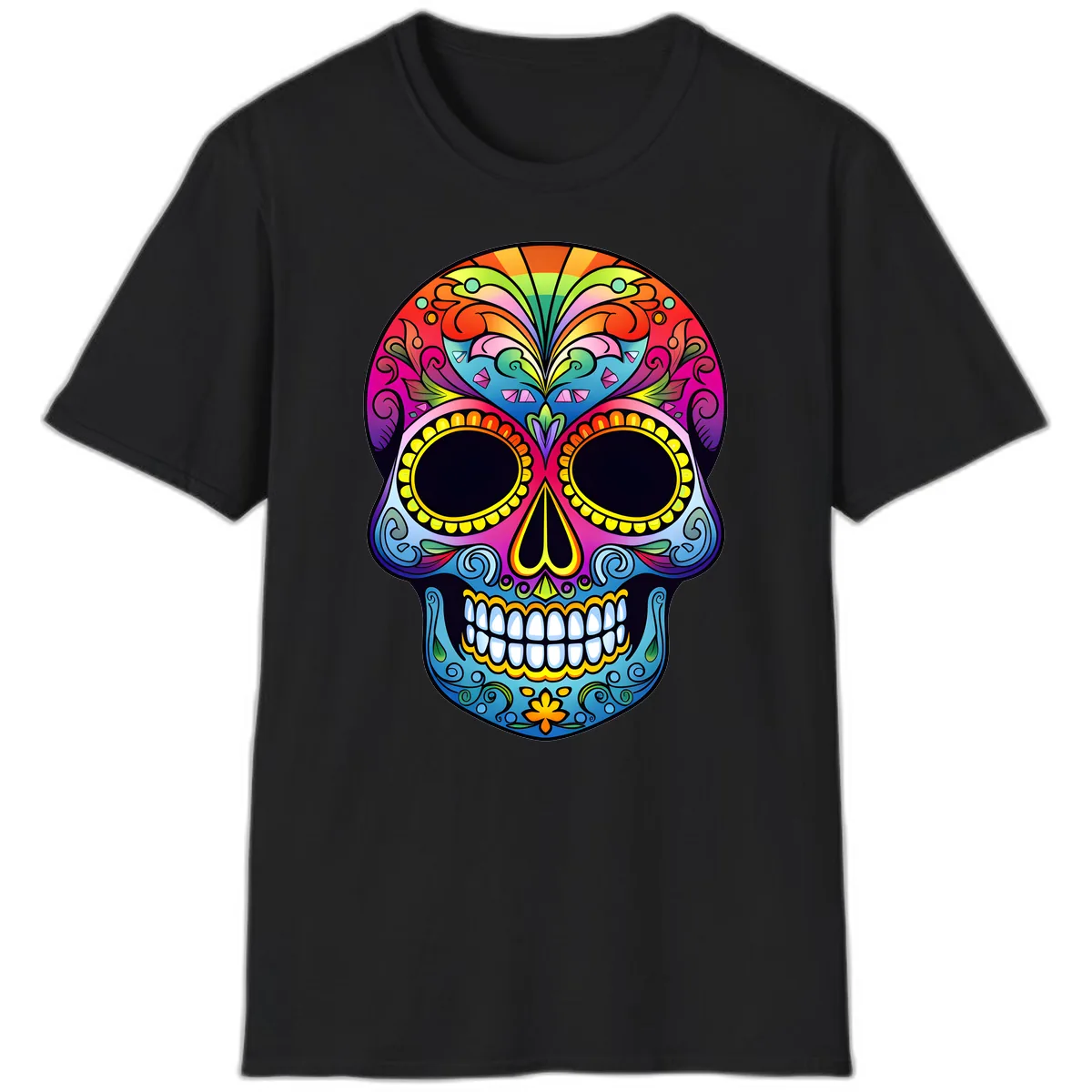 Vibrant Floral Rainbow Calavera Skull Art T-Shirt in Black