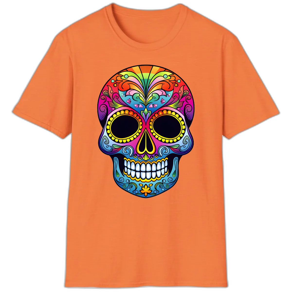 Vibrant Floral Rainbow Calavera Skull Art T-Shirt in Heather Orange