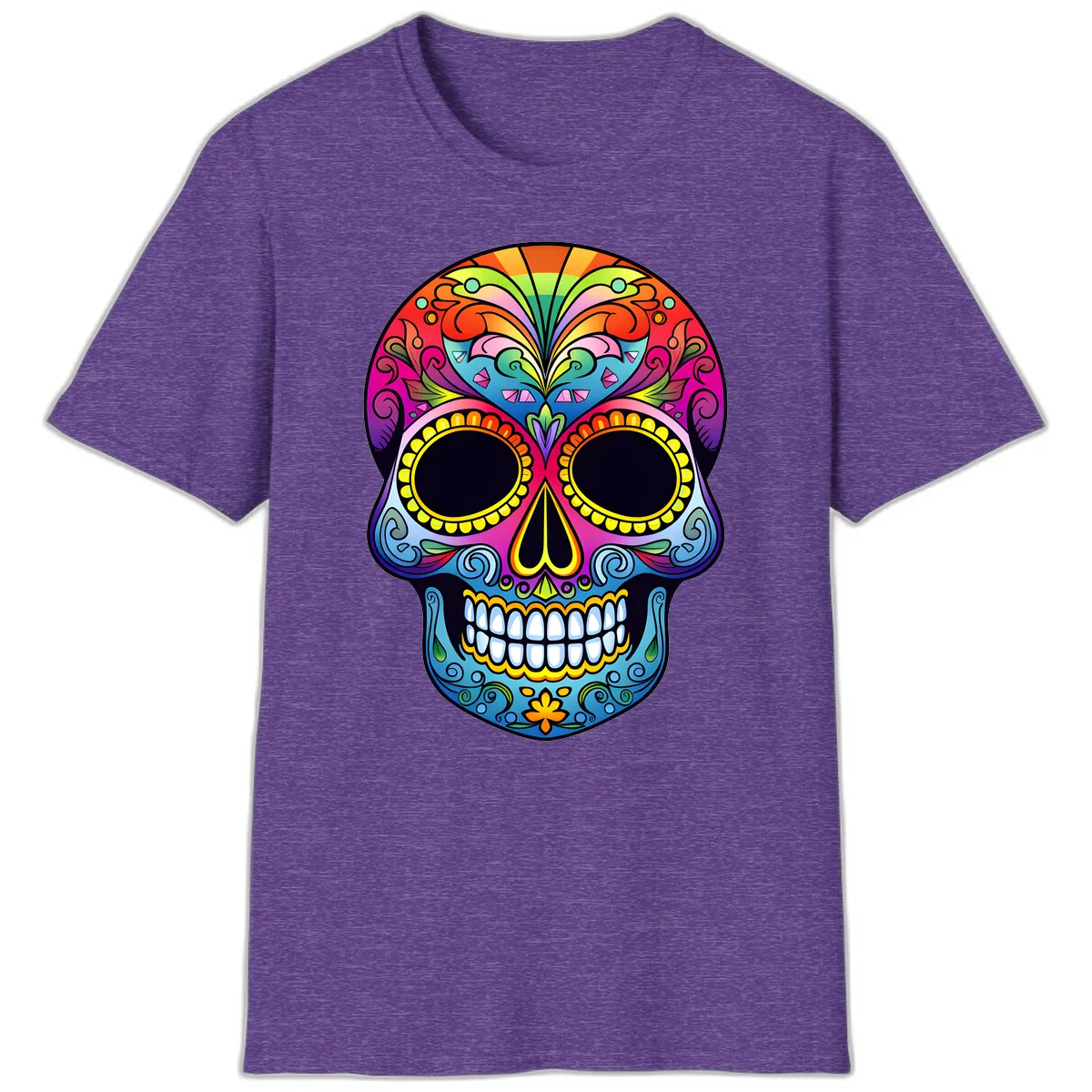 Vibrant Floral Rainbow Calavera Skull Art T-Shirt in Heather Purple