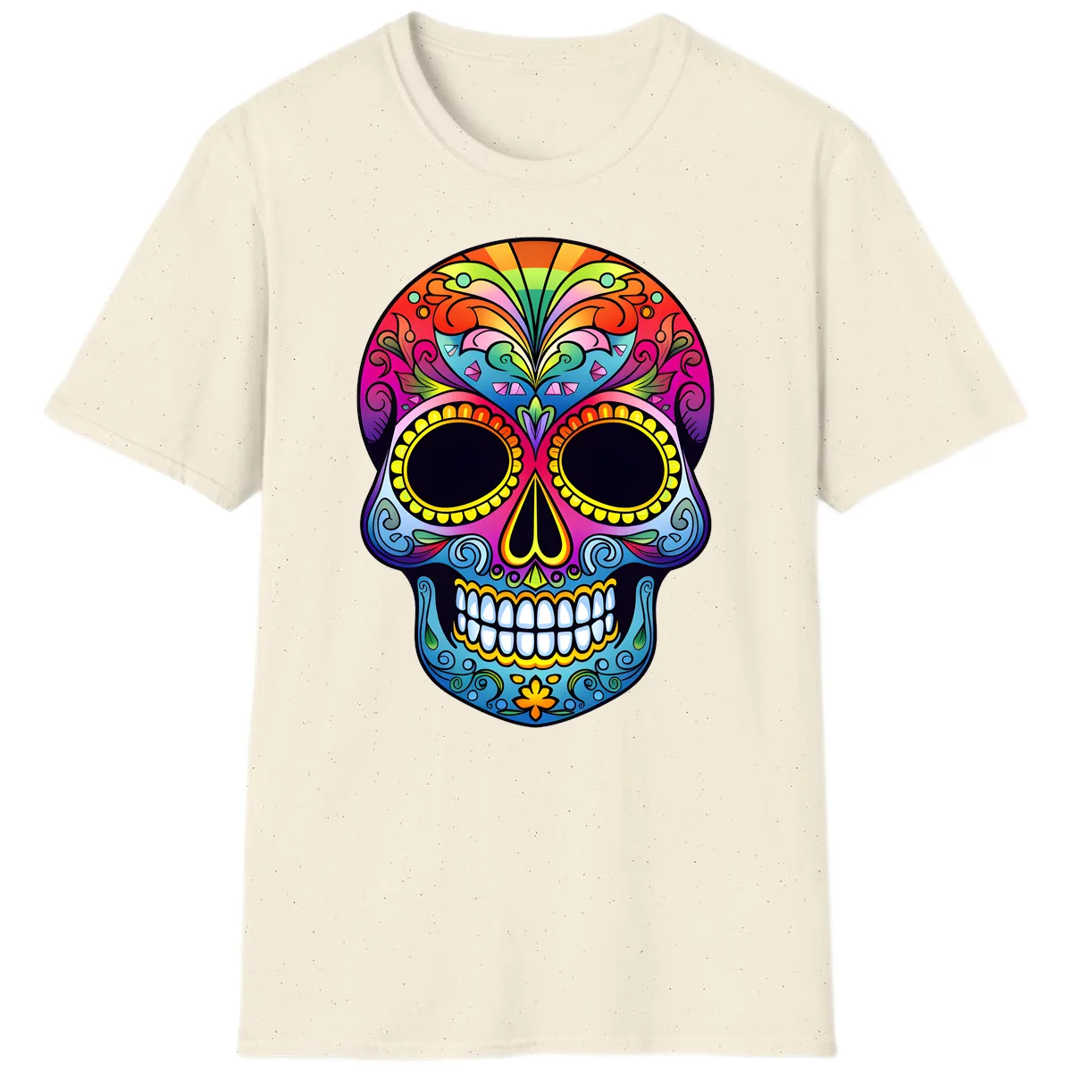 Vibrant Floral Rainbow Calavera Skull Art T-Shirt in Natural