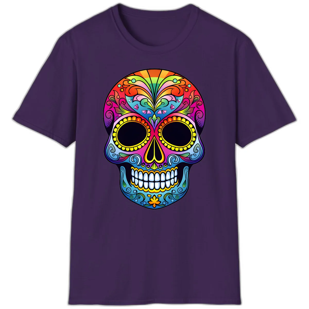 Vibrant Floral Rainbow Calavera Skull Art T-Shirt in Purple