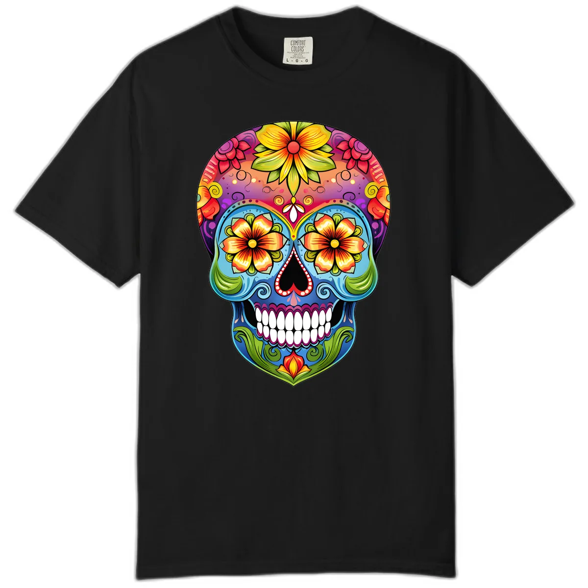 Vibrant Floral Calavera Day of the Dead Skull Comfort Color in Black