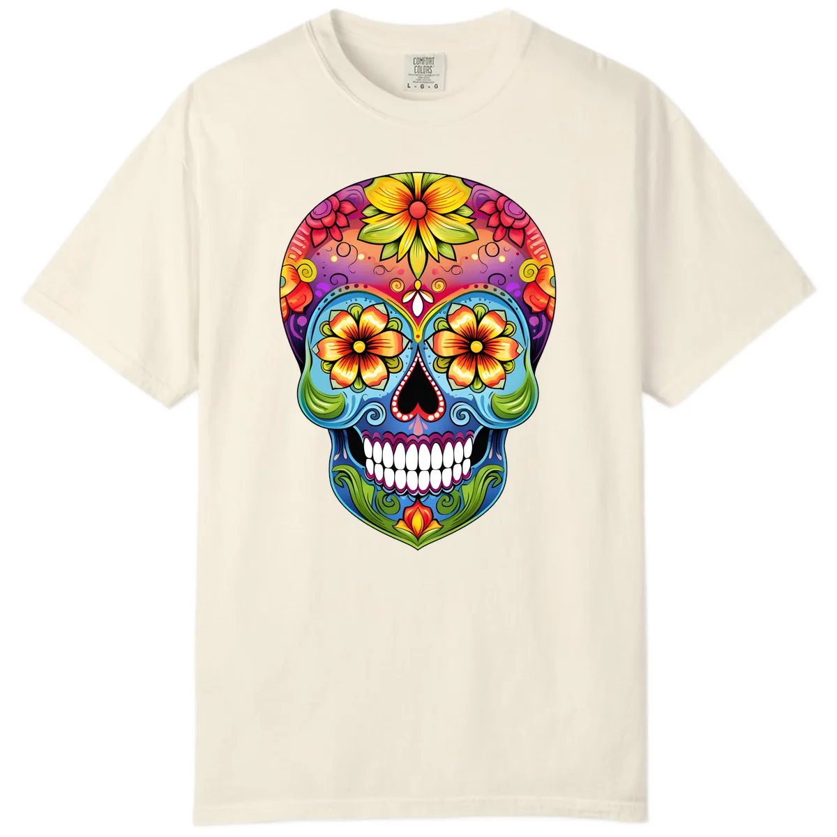 Vibrant Floral Calavera Day of the Dead Skull Comfort Color in Ivory