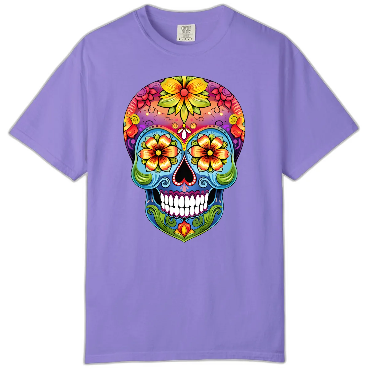 Vibrant Floral Calavera Day of the Dead Skull Comfort Color in Violet