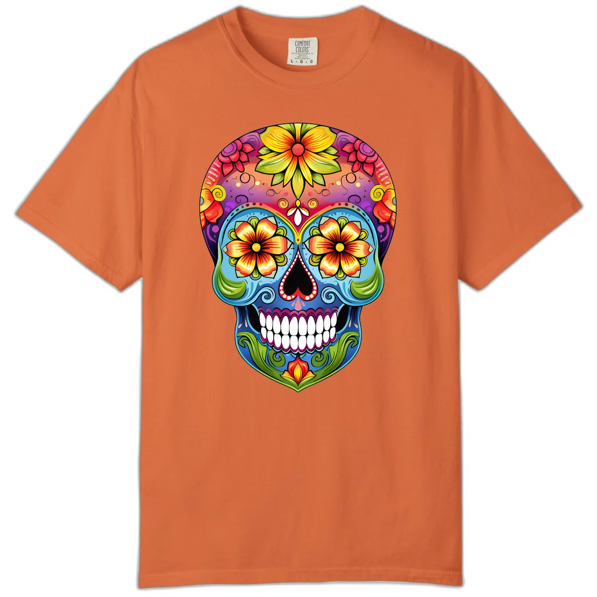 Vibrant Floral Calavera Day of the Dead Skull Comfort Color in Burnt Orange