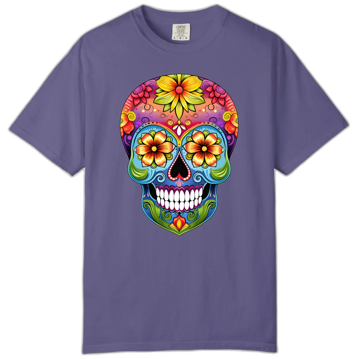 Vibrant Floral Calavera Day of the Dead Skull Comfort Color in Grape