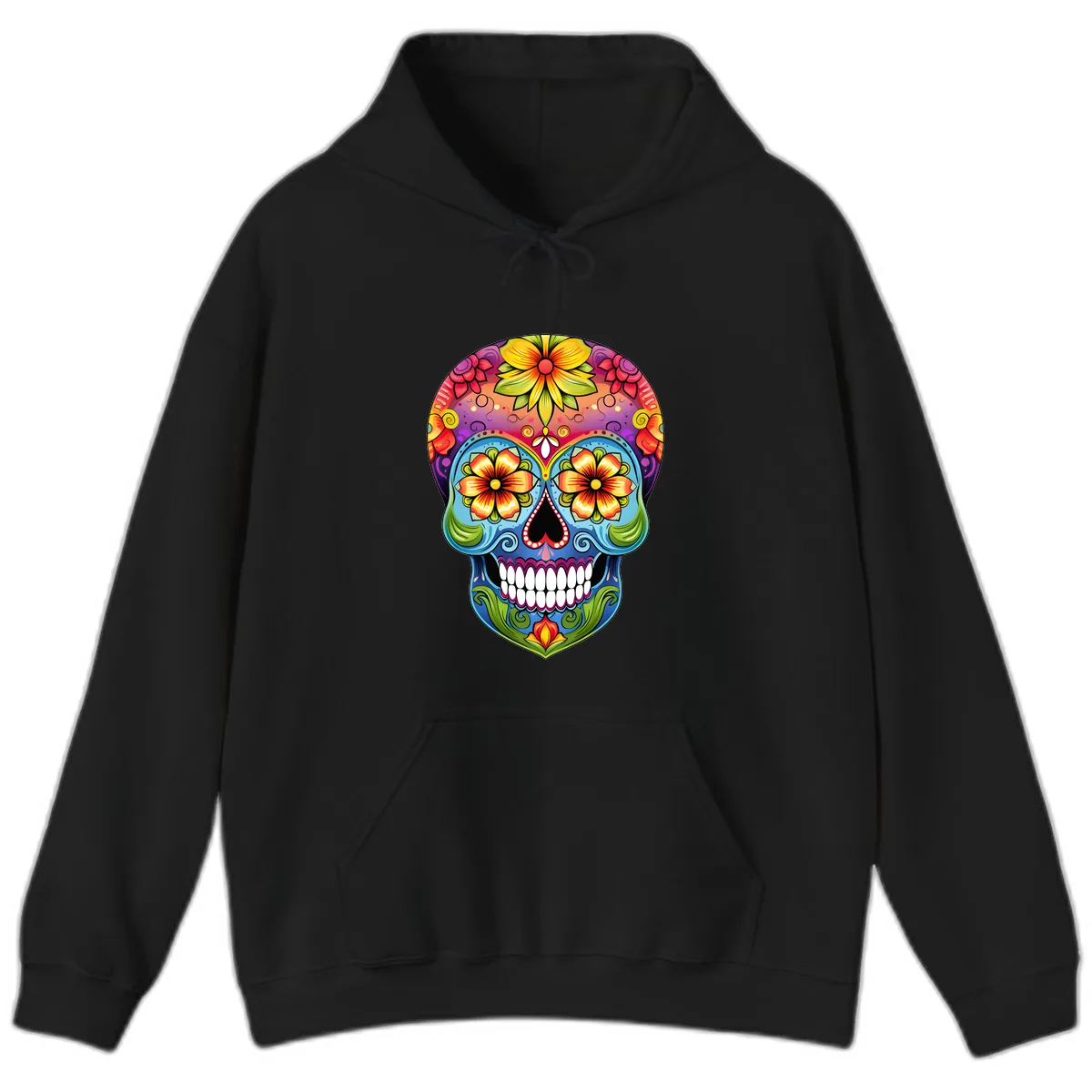 Vibrant Floral Calavera Day of the Dead Skull Hoodie in Black