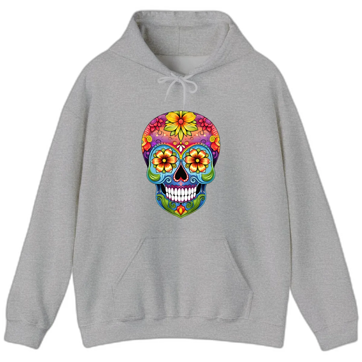 Vibrant Floral Calavera Day of the Dead Skull Hoodie in Sport Grey