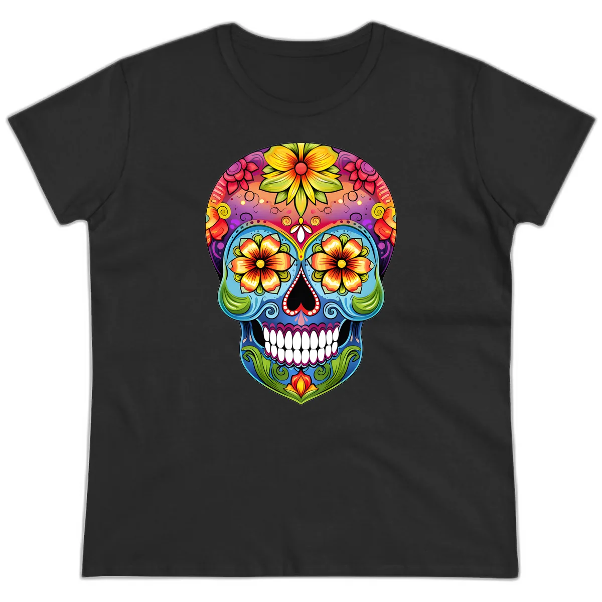 Vibrant Floral Calavera Day of the Dead Skull Ladies Tee in Black
