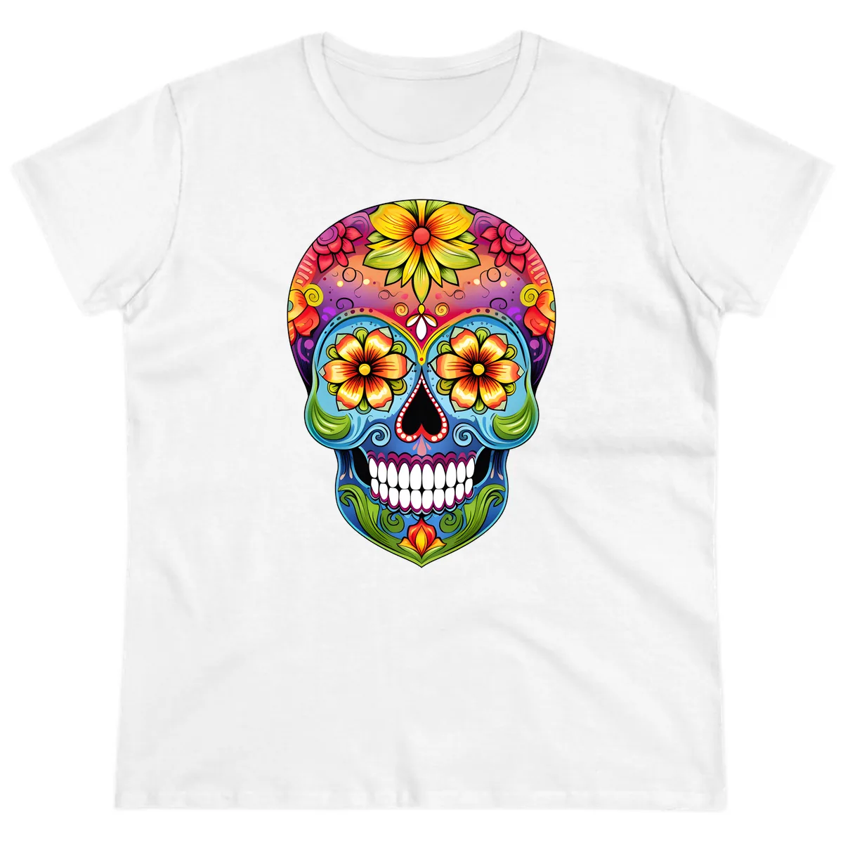 Vibrant Floral Calavera Day of the Dead Skull Ladies Tee in White