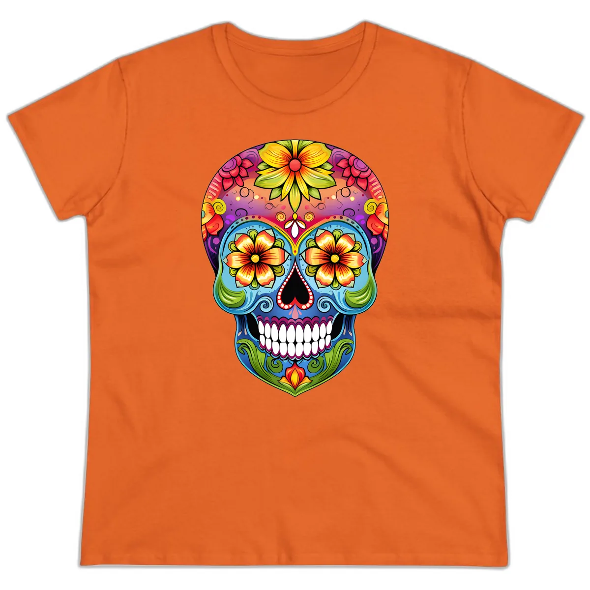 Vibrant Floral Calavera Day of the Dead Skull Ladies Tee in Orange