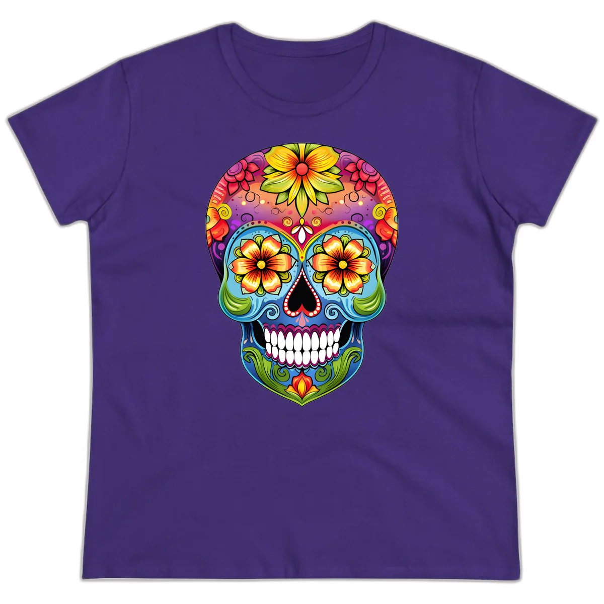 Vibrant Floral Calavera Day of the Dead Skull Ladies Tee in Purple