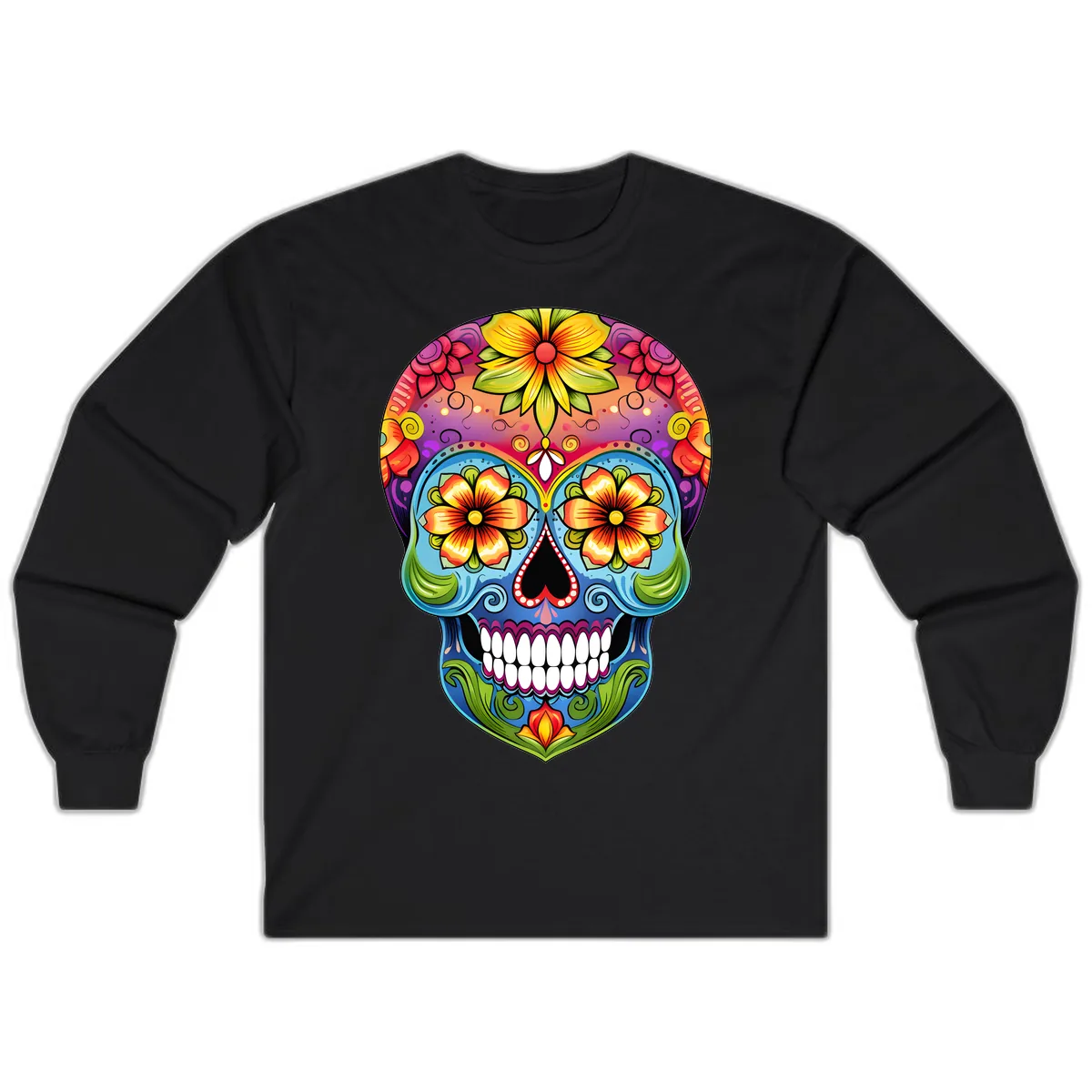 Vibrant Floral Calavera Day of the Dead Skull Long Sleeve in Black