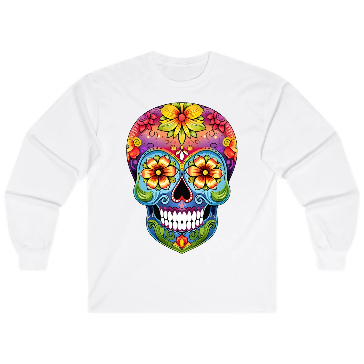 Vibrant Floral Calavera Day of the Dead Skull Long Sleeve in White