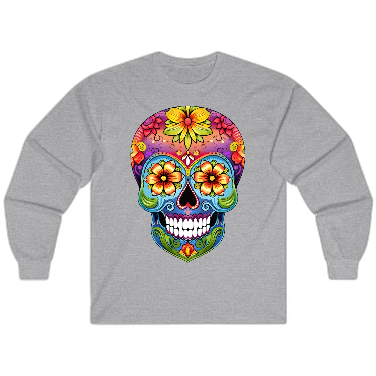 Vibrant Floral Calavera Day of the Dead Skull Long Sleeve in Sport Grey