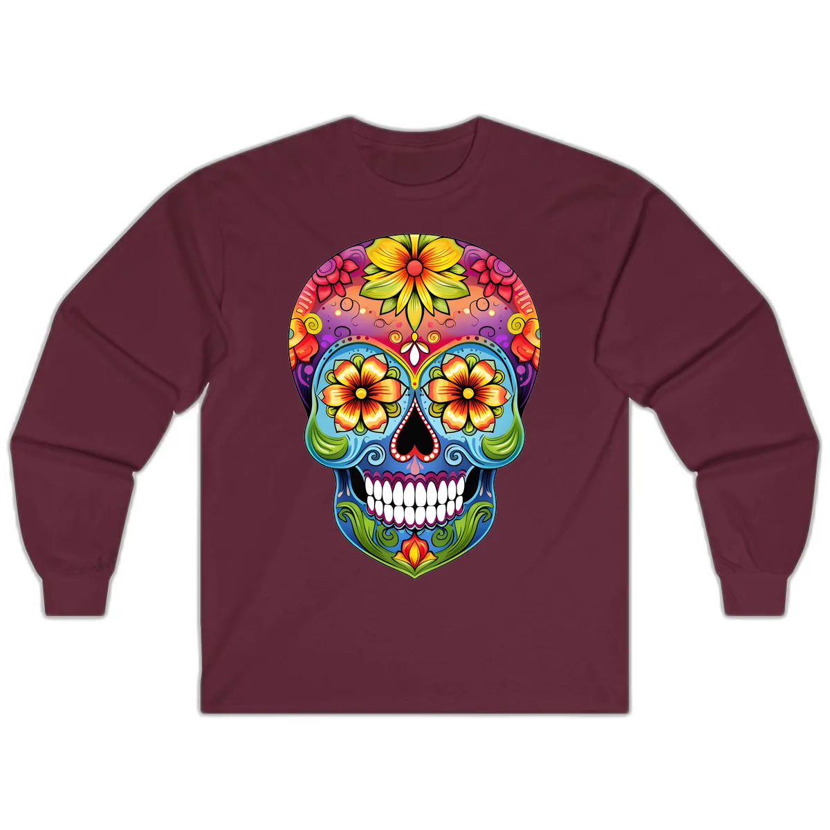 Vibrant Floral Calavera Day of the Dead Skull Long Sleeve in Maroon