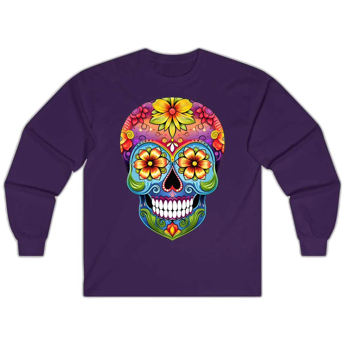 Vibrant Floral Calavera Day of the Dead Skull Long Sleeve in Purple