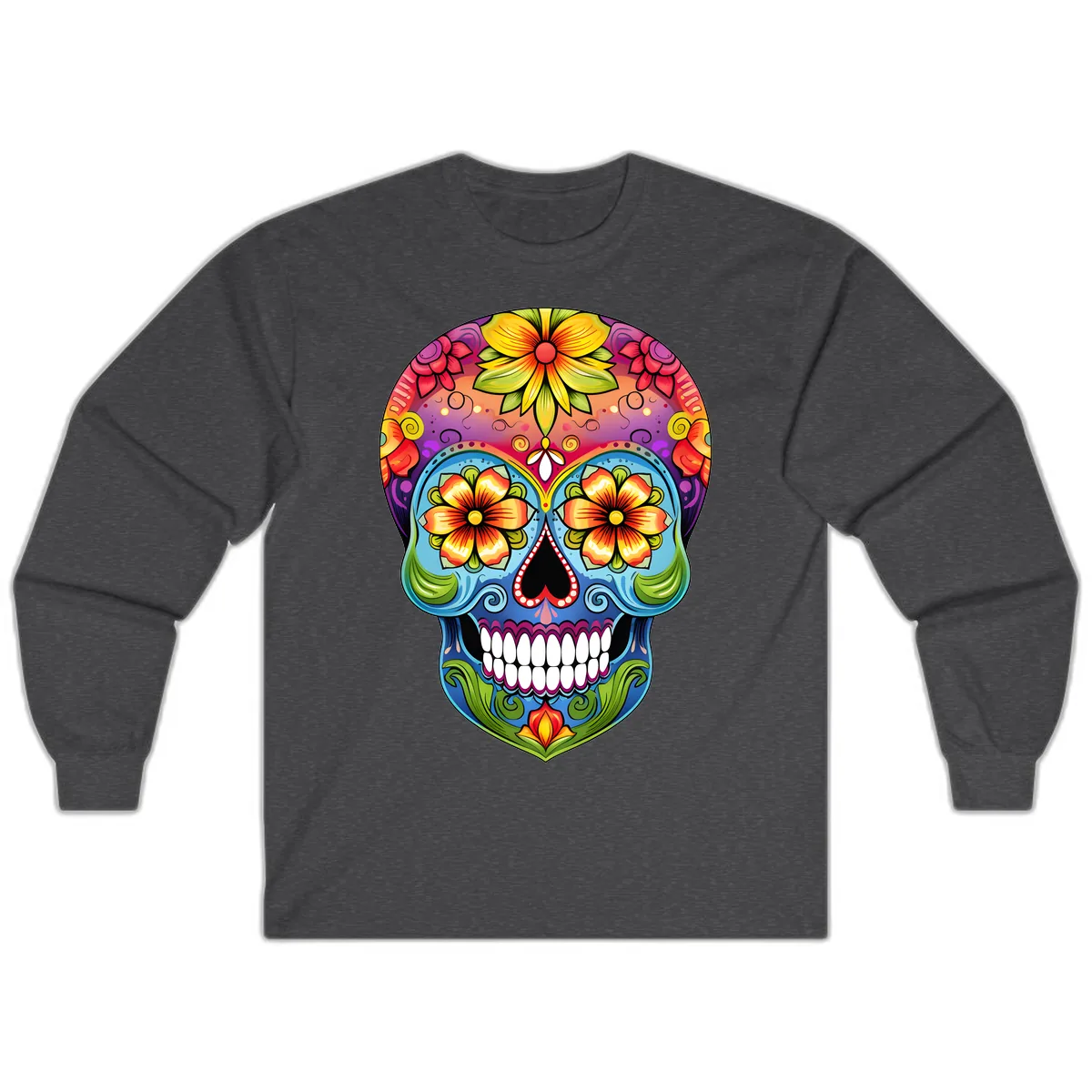 Vibrant Floral Calavera Day of the Dead Skull Long Sleeve in Dark Heather