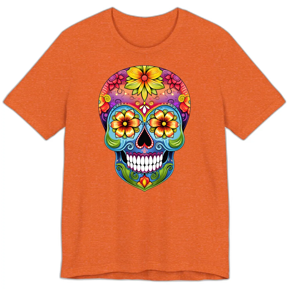 Vibrant Floral Calavera Day of the Dead Skull Premium T-Shirt in Heather Orange