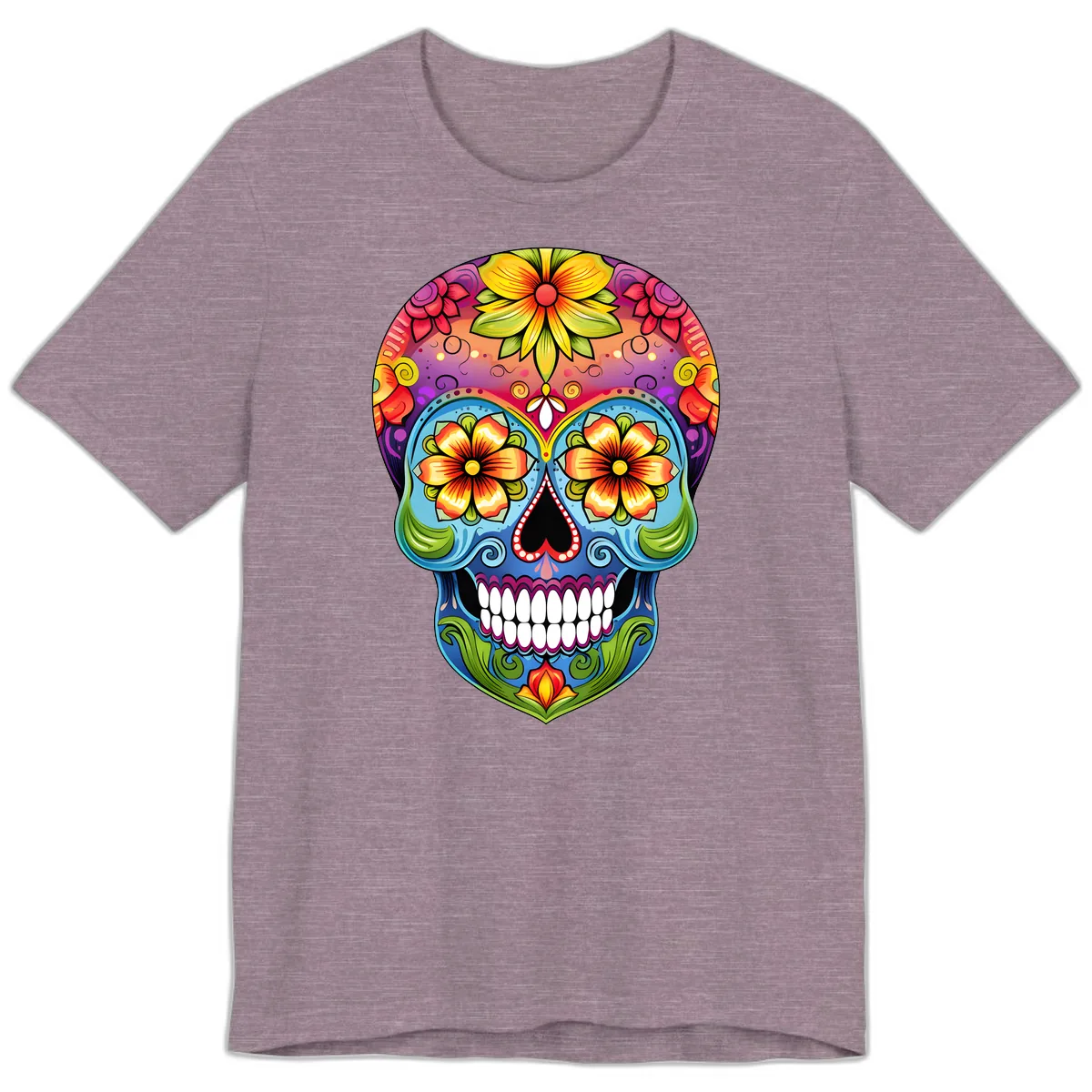 Vibrant Floral Calavera Day of the Dead Skull Premium T-Shirt in Heather Purple