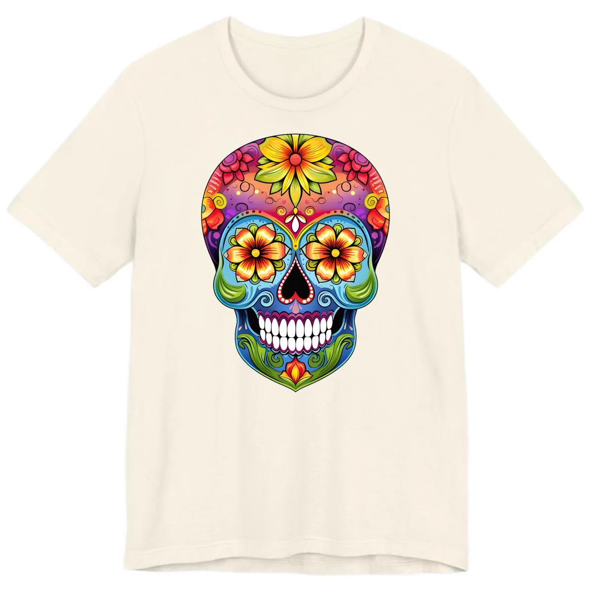 Vibrant Floral Calavera Day of the Dead Skull Premium T-Shirt in Natural