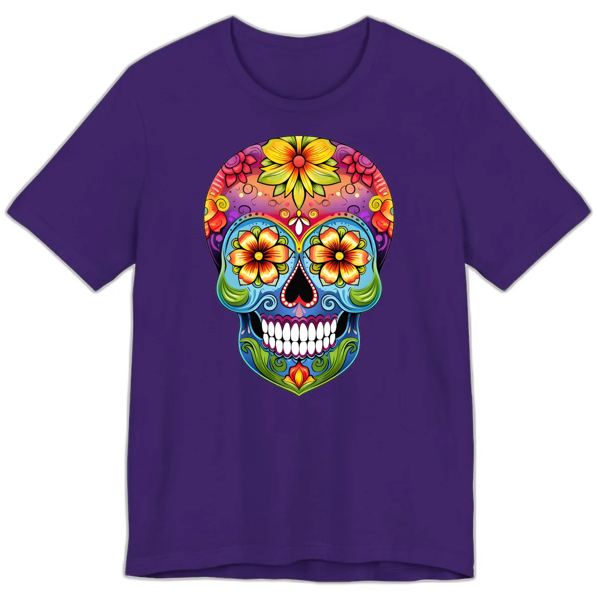 Vibrant Floral Calavera Day of the Dead Skull Premium T-Shirt in Team Purple