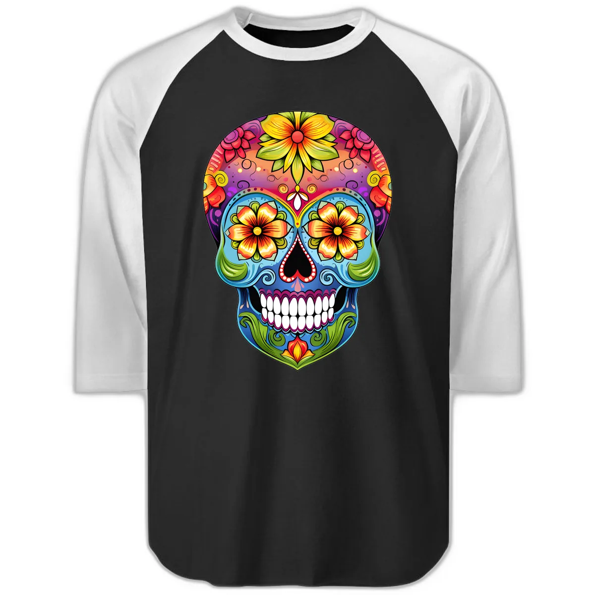 Vibrant Floral Calavera Day of the Dead Skull Raglan 3/4 in Black White