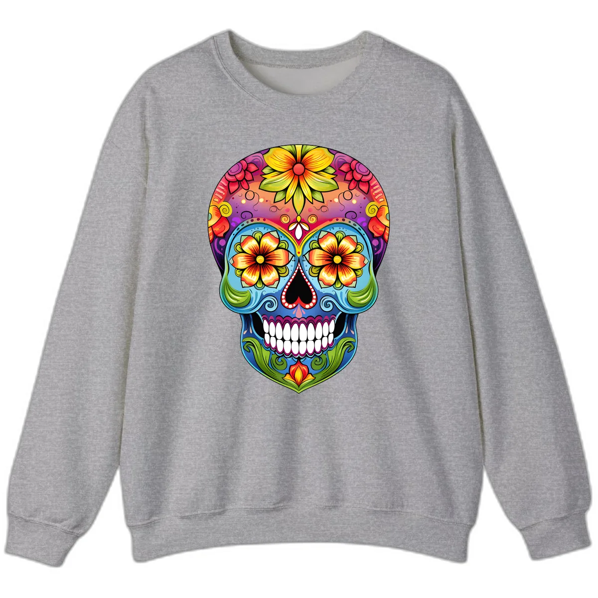 Vibrant Floral Calavera Day of the Dead Skull Sweatshirt in Sport Grey