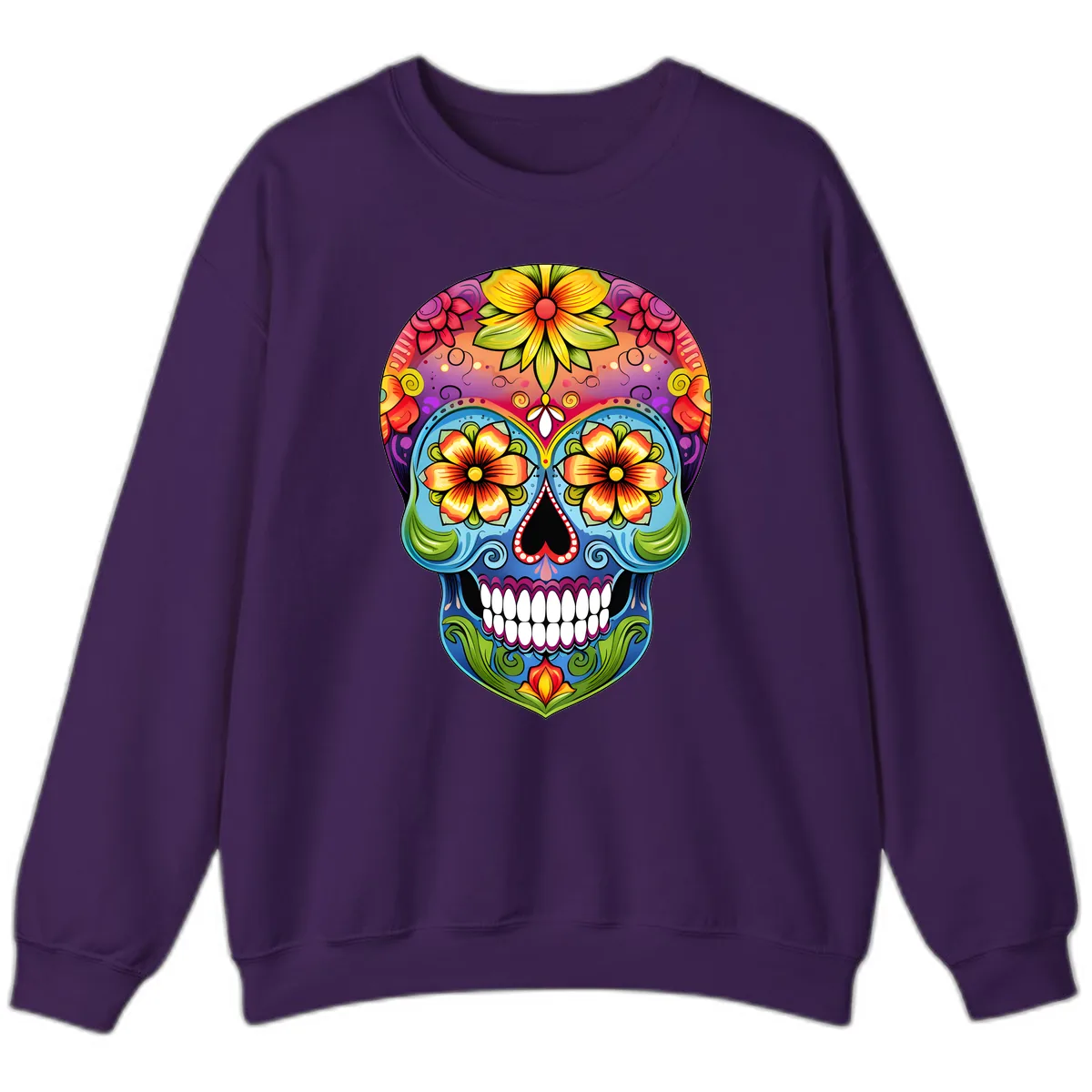 Vibrant Floral Calavera Day of the Dead Skull Sweatshirt in Purple