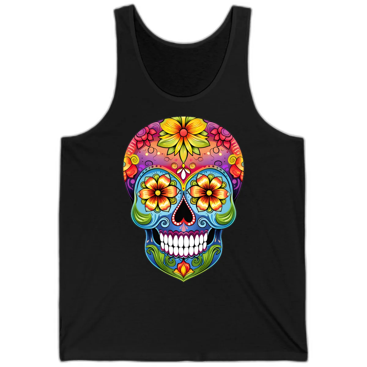 Vibrant Floral Calavera Day of the Dead Skull Tank in Black