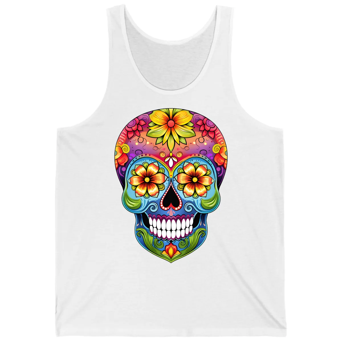 Vibrant Floral Calavera Day of the Dead Skull Tank in White
