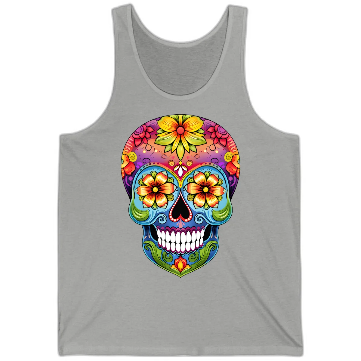 Vibrant Floral Calavera Day of the Dead Skull Tank in Athletic Heather