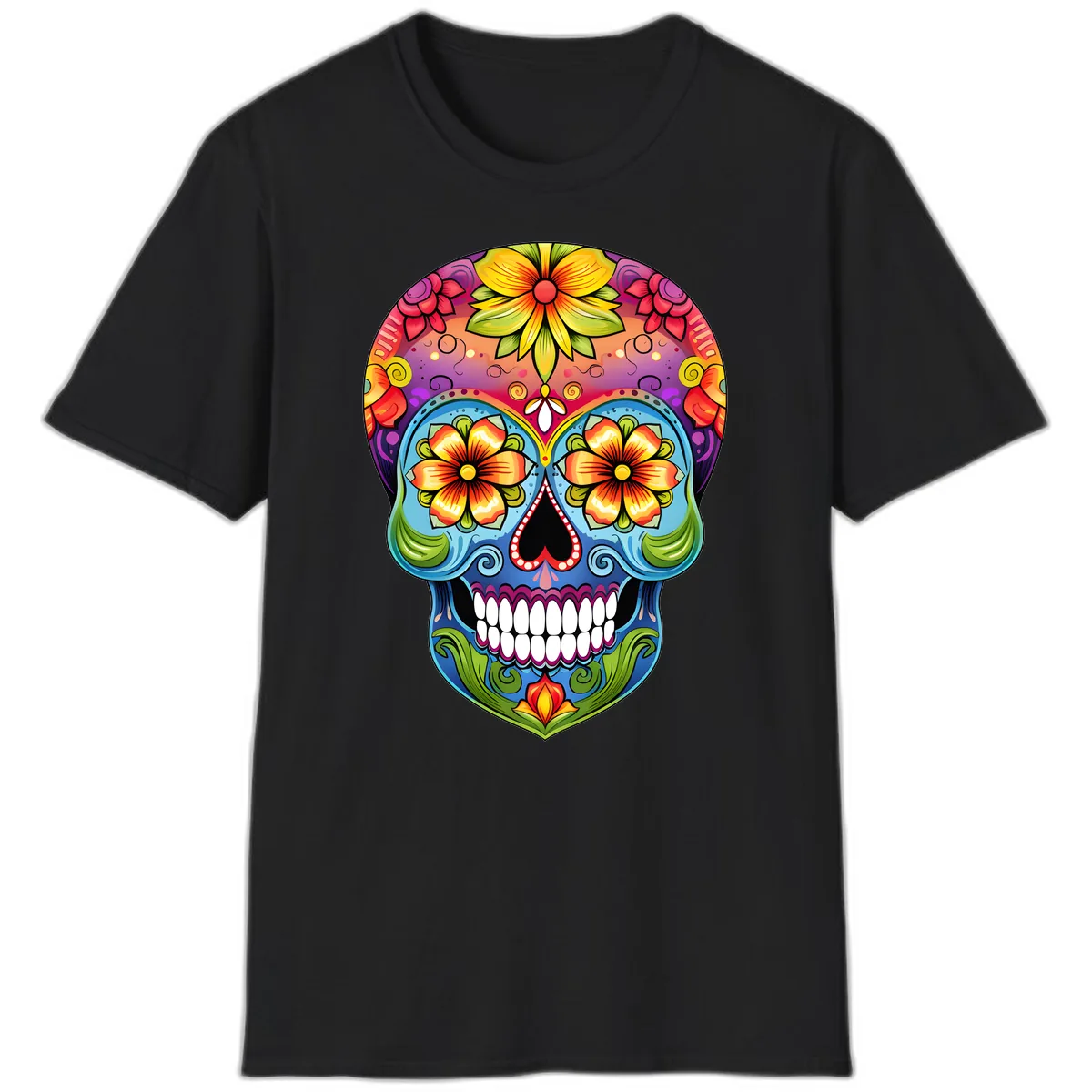 Vibrant Floral Calavera Day of the Dead Skull T-Shirt in Black