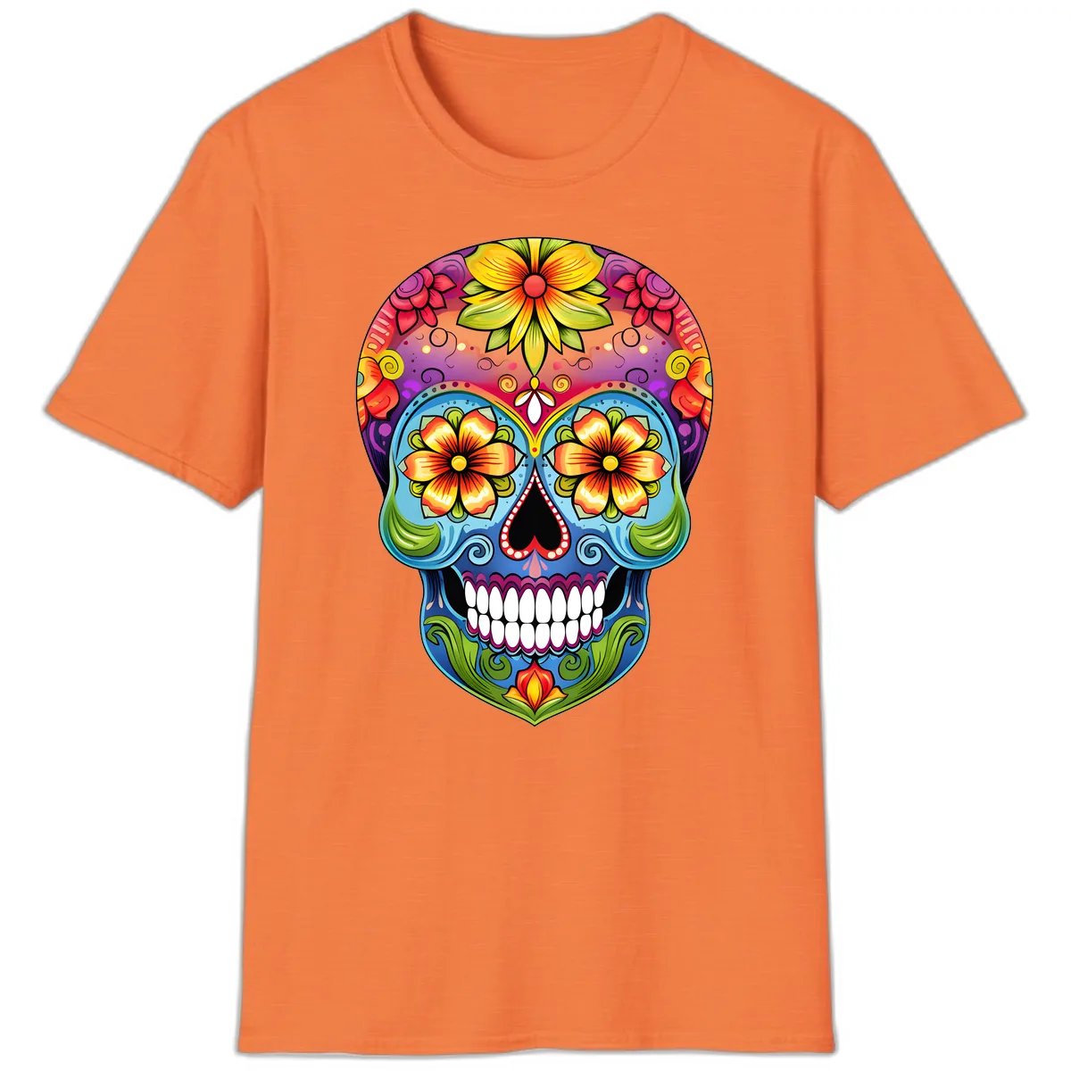 Vibrant Floral Calavera Day of the Dead Skull T-Shirt in Heather Orange