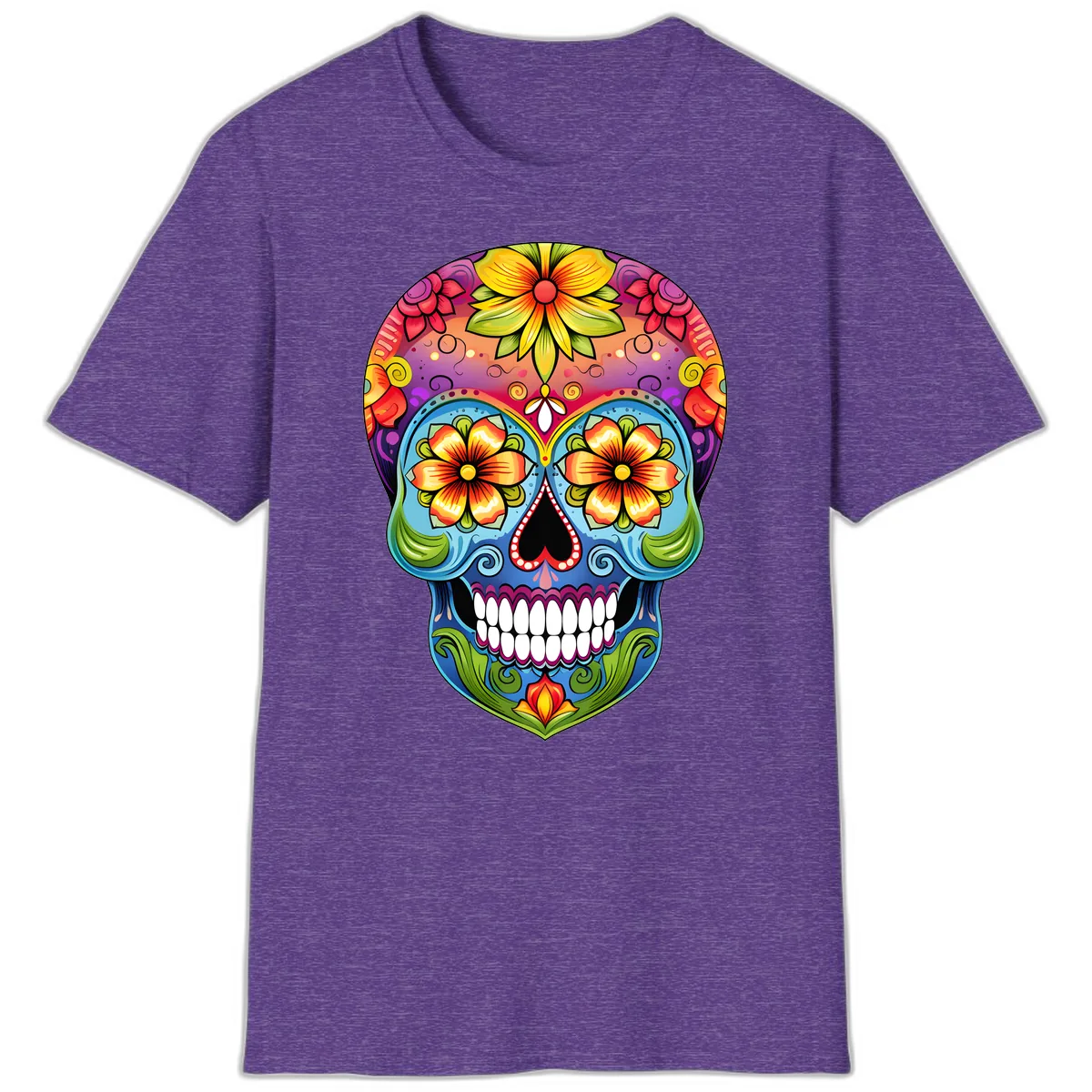 Vibrant Floral Calavera Day of the Dead Skull T-Shirt in Heather Purple