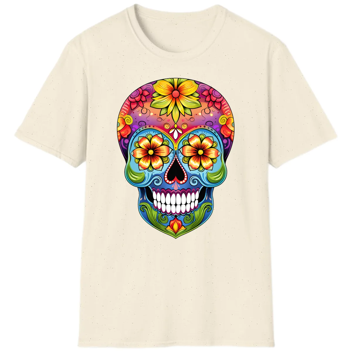 Vibrant Floral Calavera Day of the Dead Skull T-Shirt in Natural