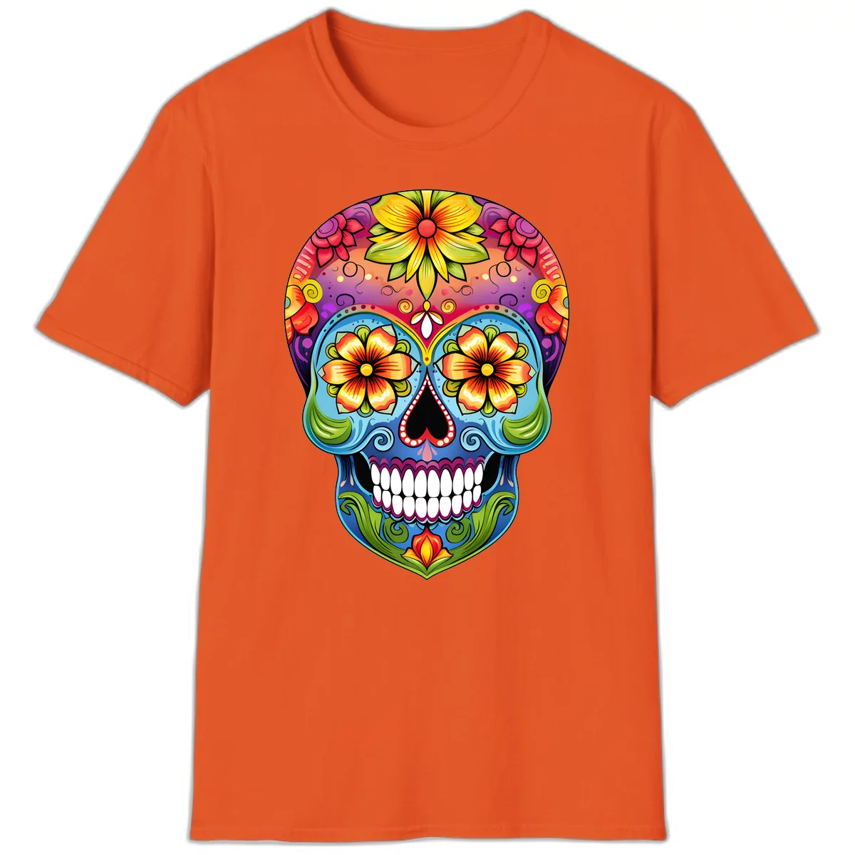 Vibrant Floral Calavera Day of the Dead Skull T-Shirt in Orange