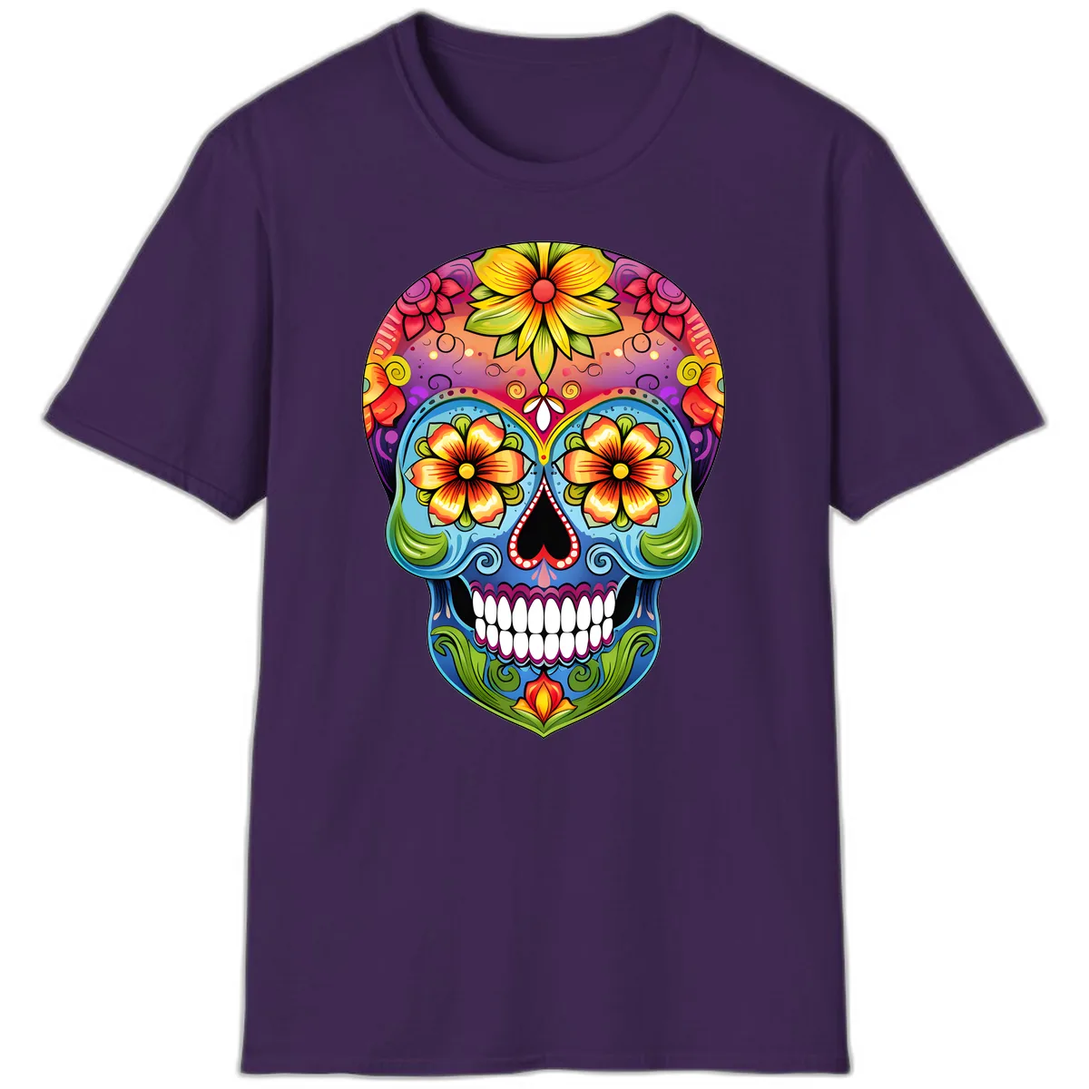 Vibrant Floral Calavera Day of the Dead Skull T-Shirt in Purple