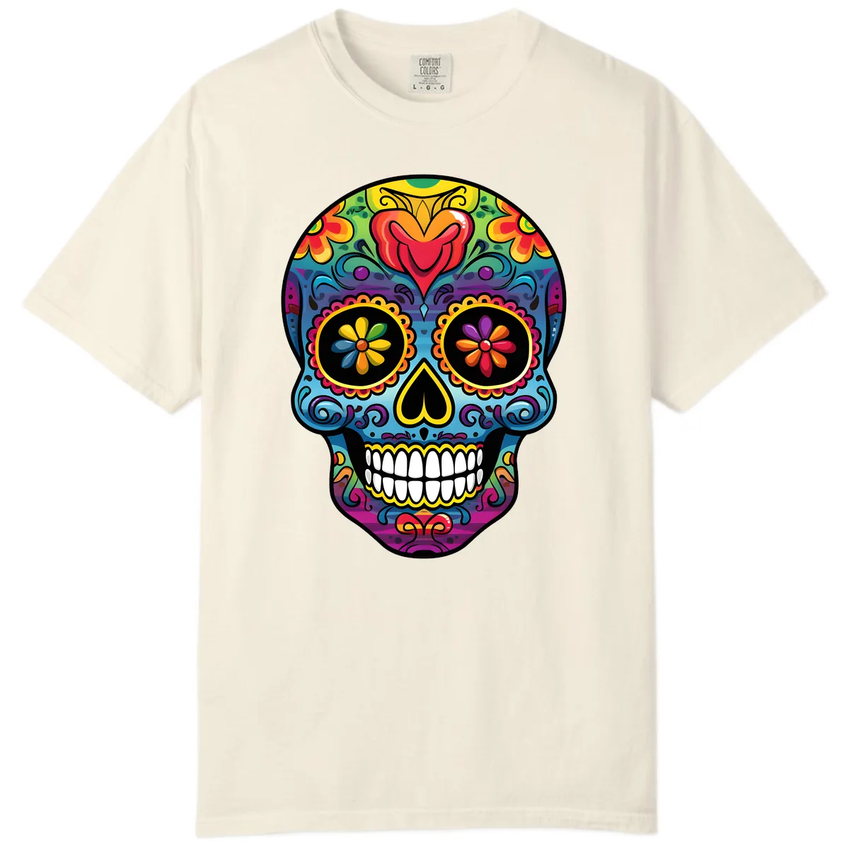 Vibrant Floral Sugar Skull Calavera Comfort Color in Ivory