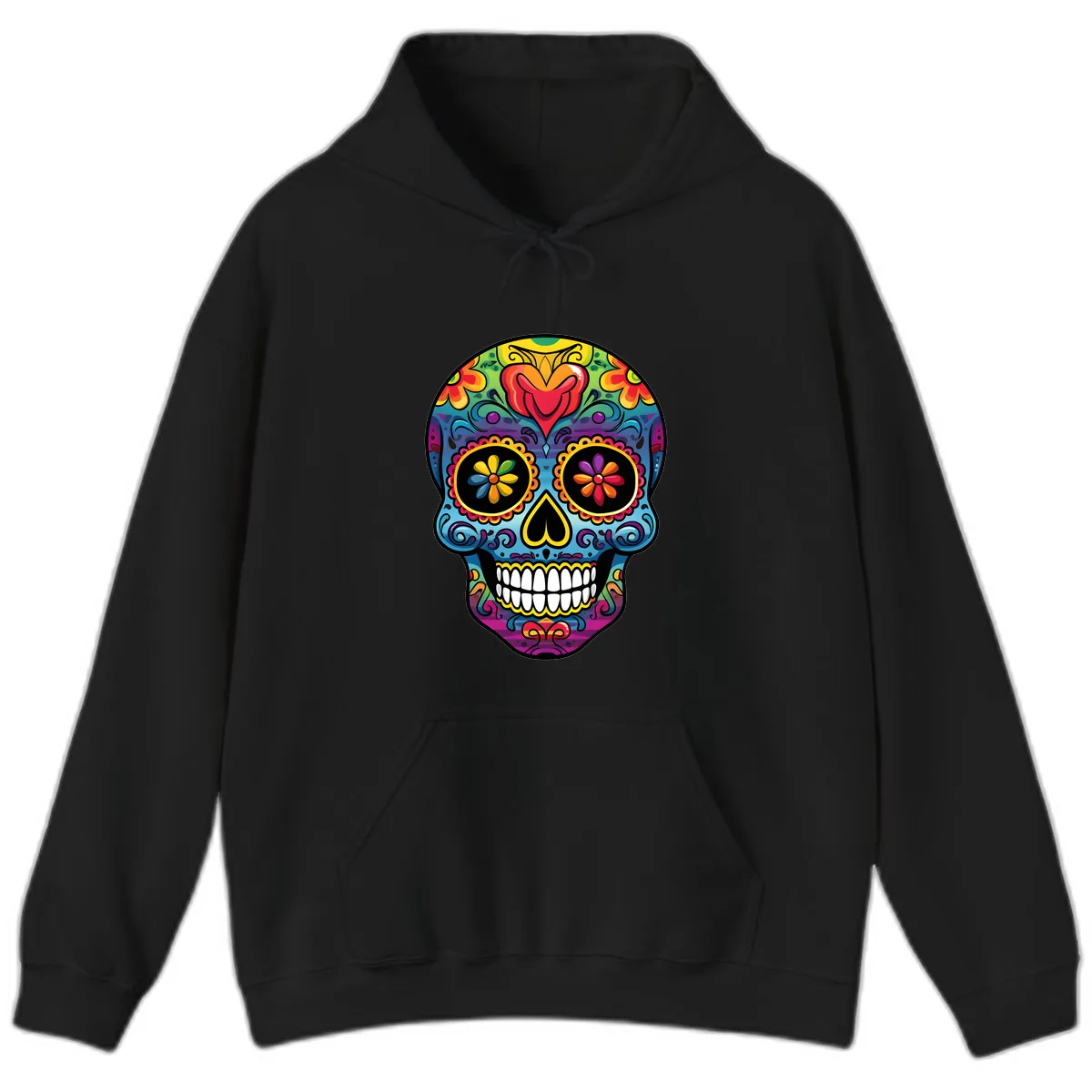 Vibrant Floral Sugar Skull Calavera Hoodie in Black