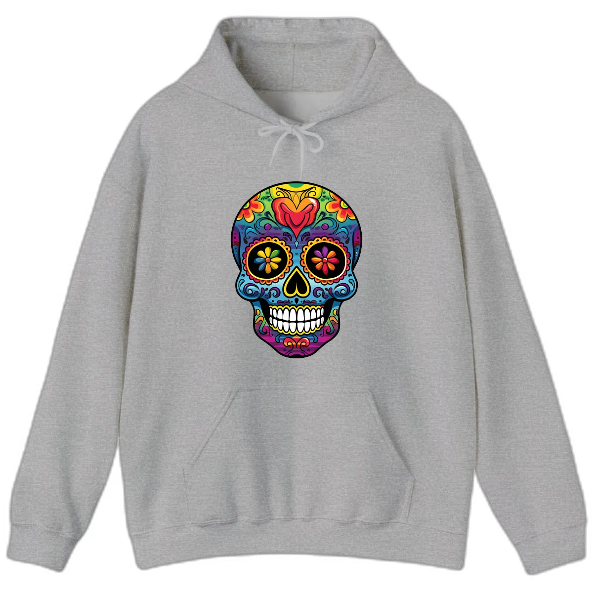 Vibrant Floral Sugar Skull Calavera Hoodie in Sport Grey