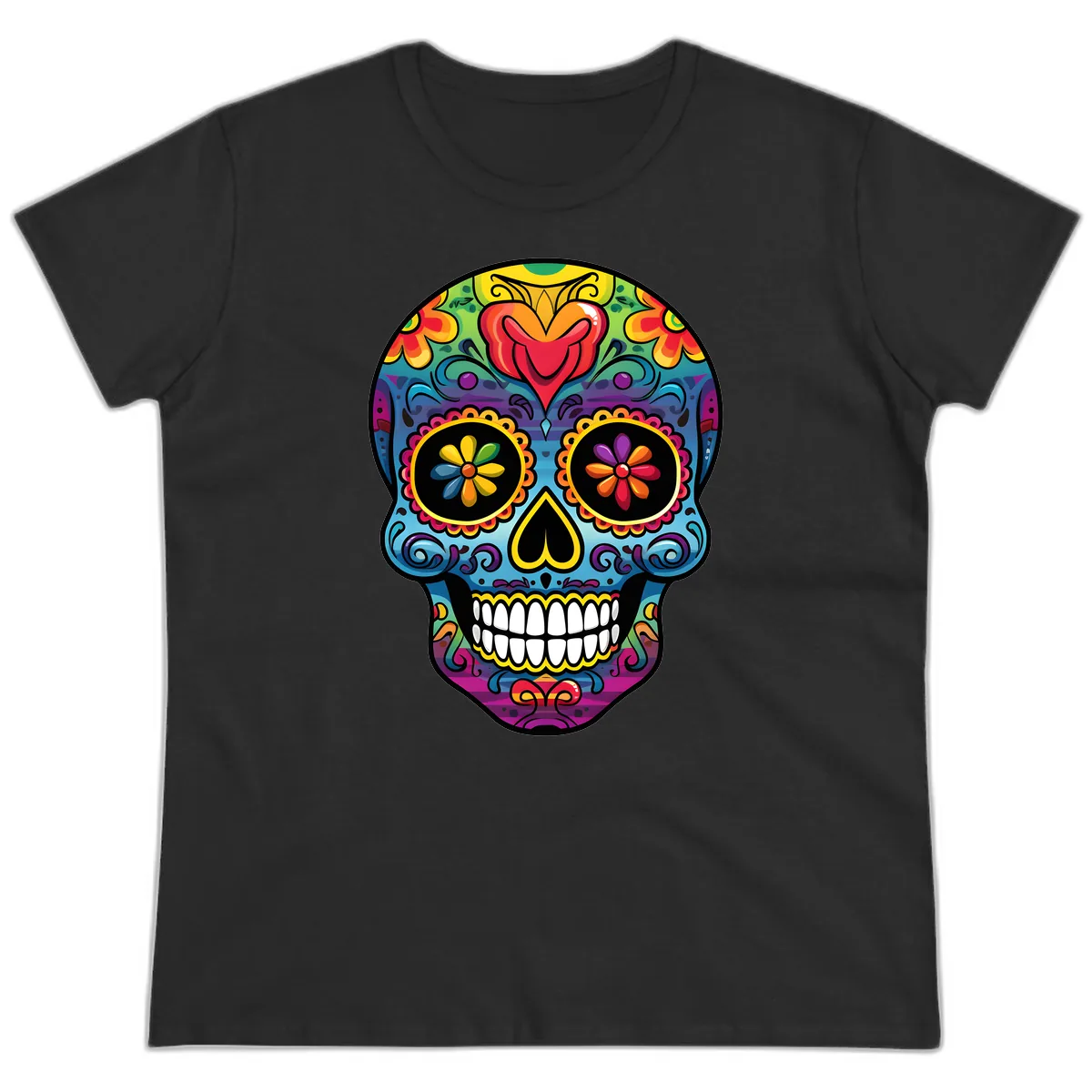 Vibrant Floral Sugar Skull Calavera Ladies Tee in Black