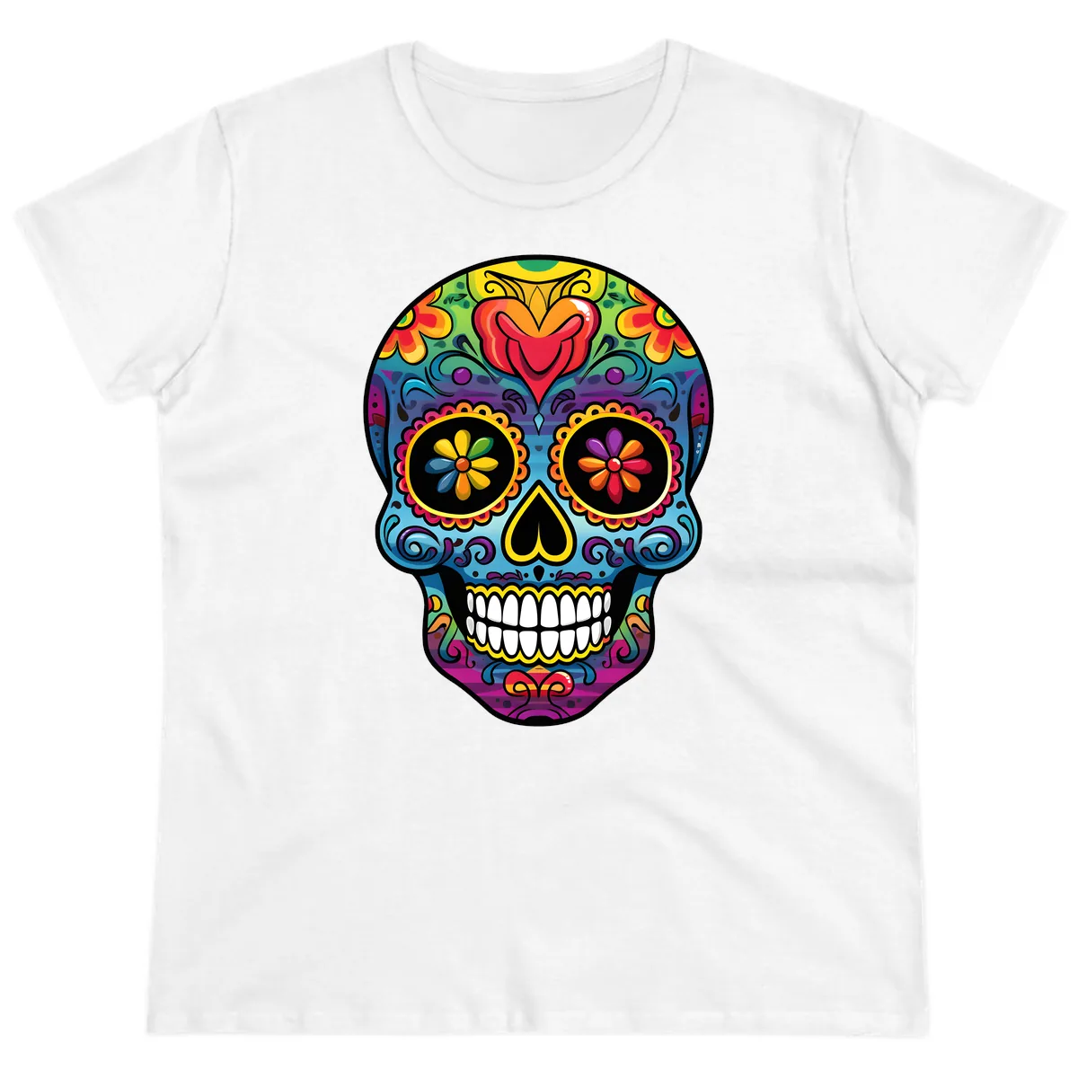 Vibrant Floral Sugar Skull Calavera Ladies Tee in White