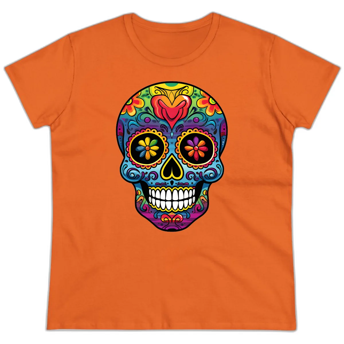 Vibrant Floral Sugar Skull Calavera Ladies Tee in Orange