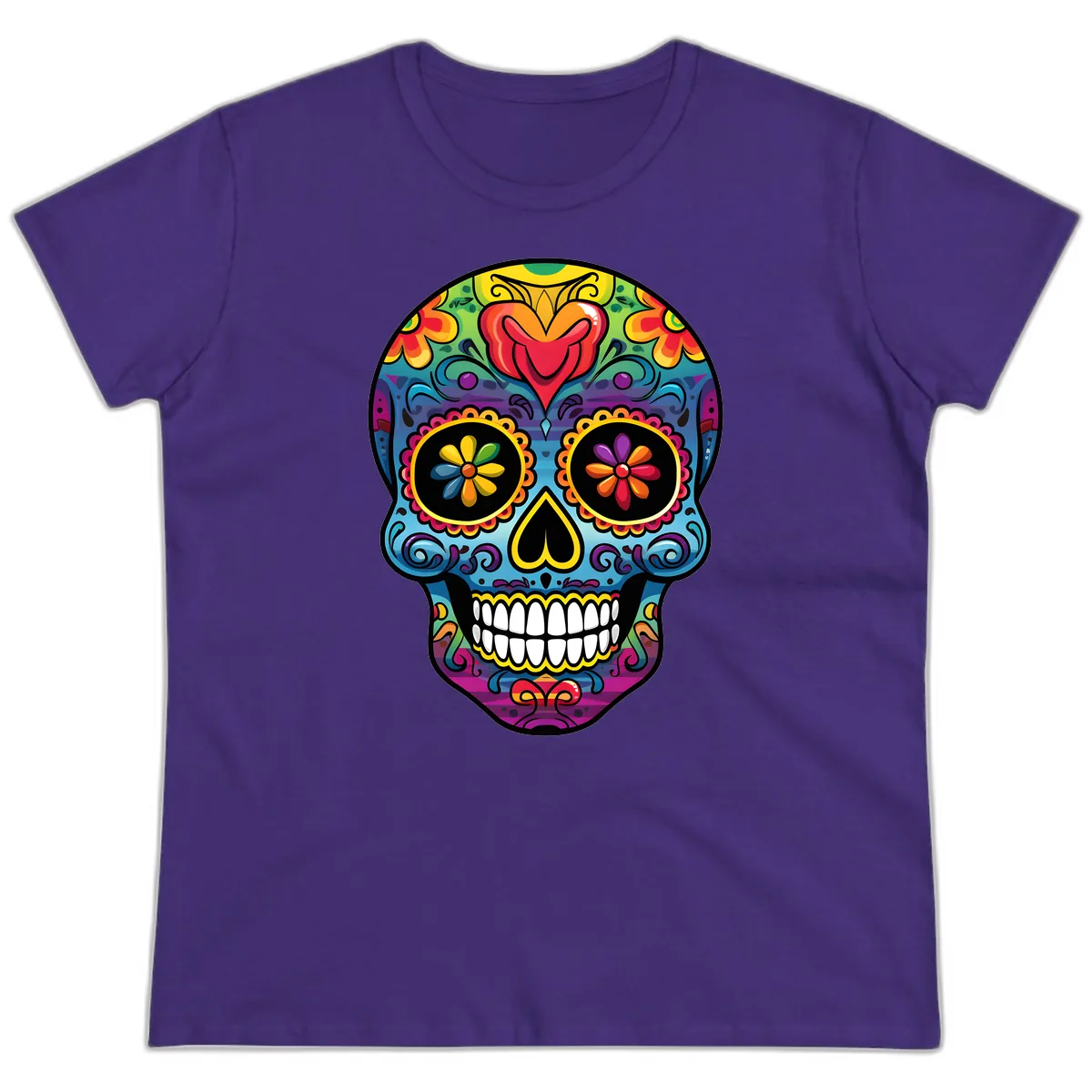 Vibrant Floral Sugar Skull Calavera Ladies Tee in Purple