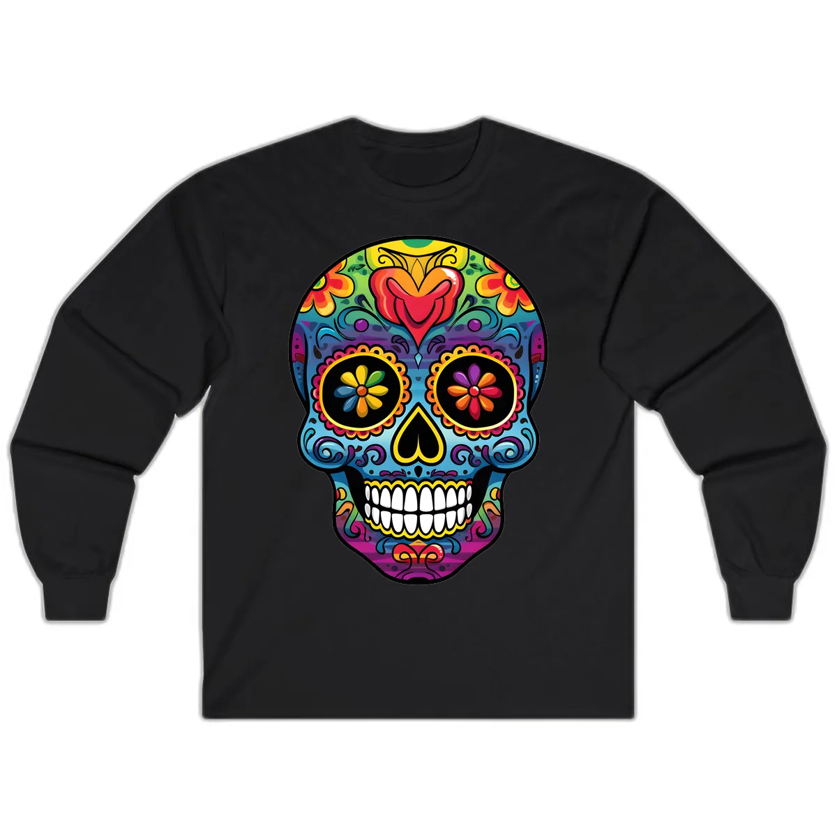 Vibrant Floral Sugar Skull Calavera Long Sleeve in Black